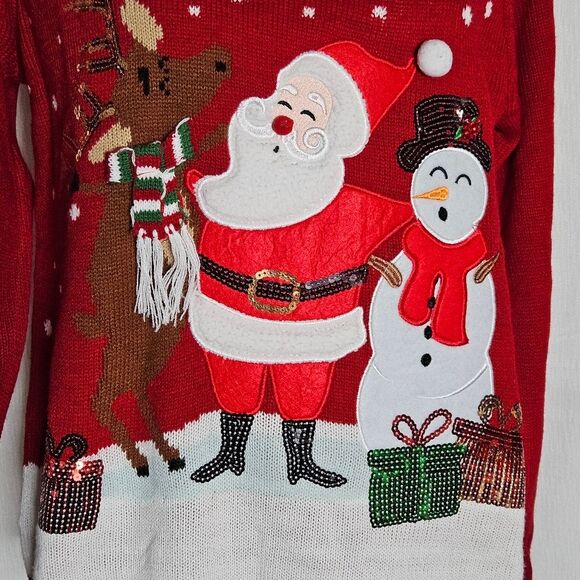 Karen Scott Santa Snowman Reindeer & Sequins Red Knit Ugly Christmas Sweater - Picture 6 of 12